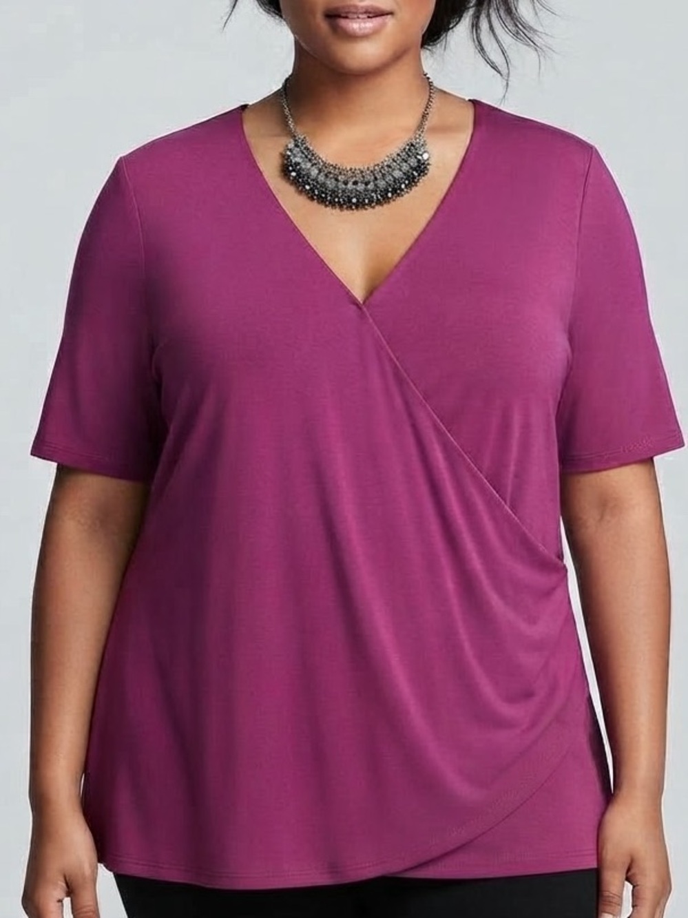 ADDITION ELLE Short Sleeve Crossover Fuchsia Stretch Blouse 3X